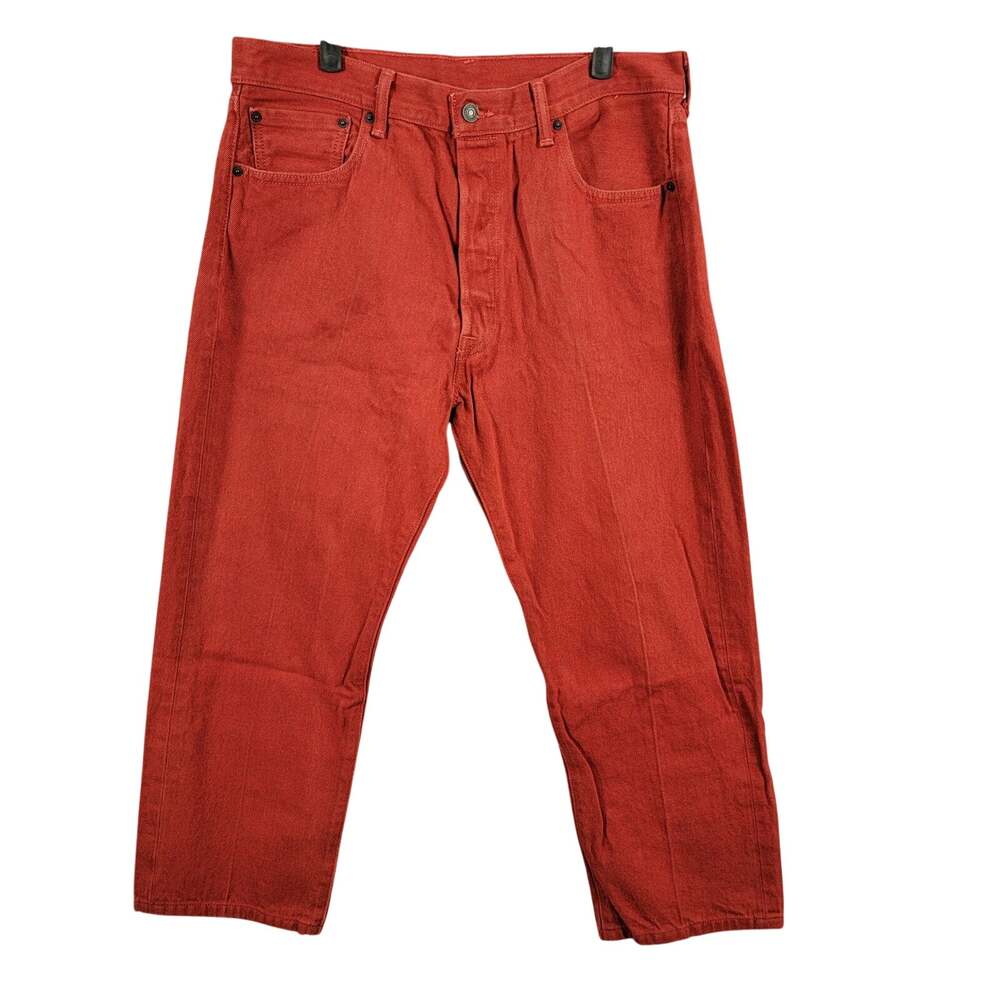 Levis 501XX Mens Red Button Fly Straight Leg Jeans Tag Size 36 x 32 Cropped Hem